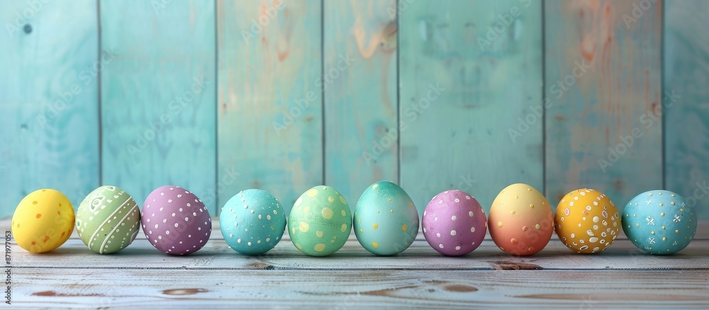 Poster Easter eggs decor in a row on a wooden surface for a festive background with copy space image.
