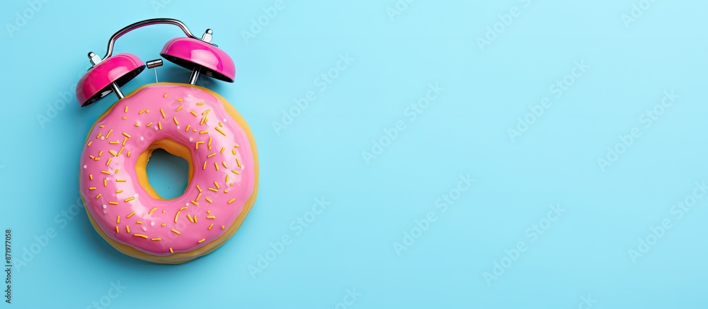 Aufkleber top view of a pink alarm clock shaped like a donut on a blue backdrop, suitable for breakfast time o