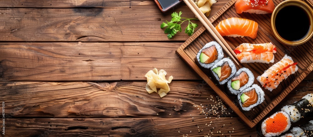 Poster Sushi set on wooden surface with copy space image. Top-down view of Japanese sushi rolls with ample space for text.