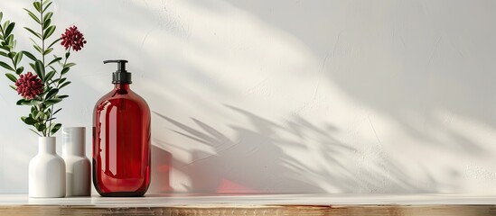 Red bottle on white background enhances bathroom decor with copy space image.