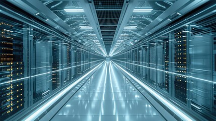 Obraz premium A giant Data Center with hundreds of corridors. Generative AI.