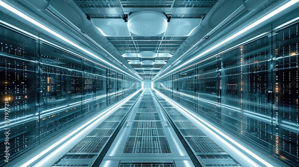 Poster a giant data center with hundreds of corridors. generative ai.