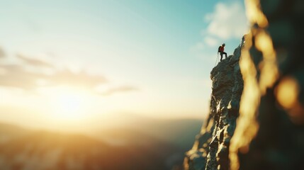 A lone climber standing triumphantly on a rocky peak during a vibrant sunrise.