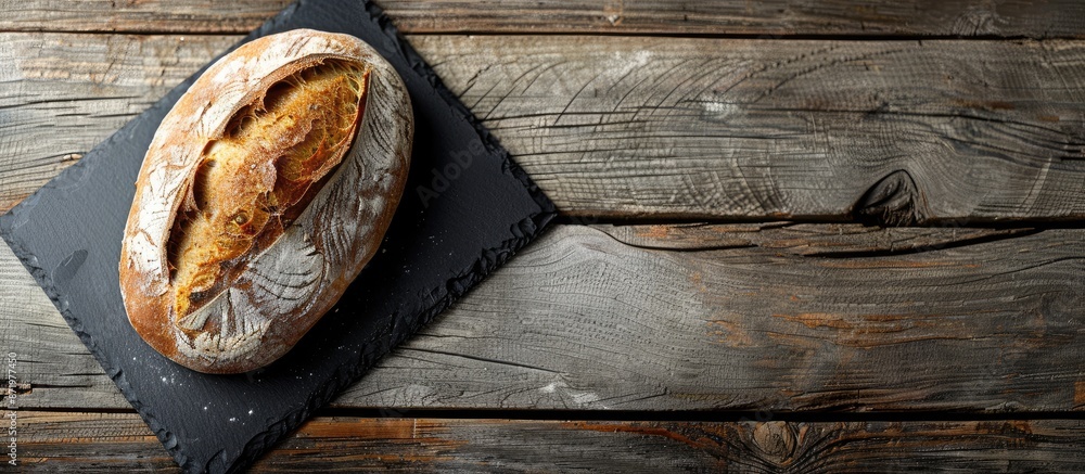 Poster fresh sourdough bread displayed on a black slate plate over a wooden table with copy space image.
