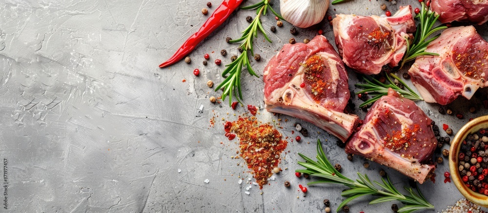 Poster Raw meat seasoned with spices, with a rustic appearance, displayed against a plain background in a copy space image.
