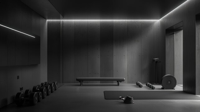 Modern minimalist fitness room with smart adjustable dumbbells, wall-mounted fitness tracker, monochromatic color scheme.