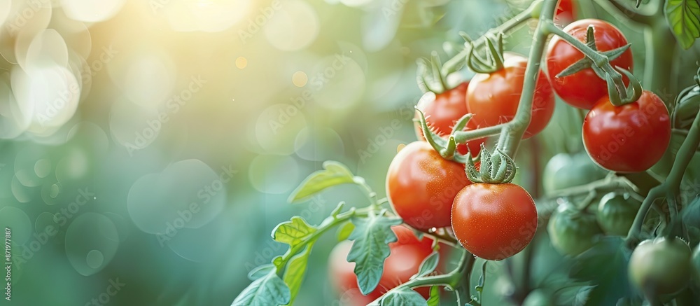 Aufkleber Selective focus on red tomatoes growing on branches with copy space image available.
