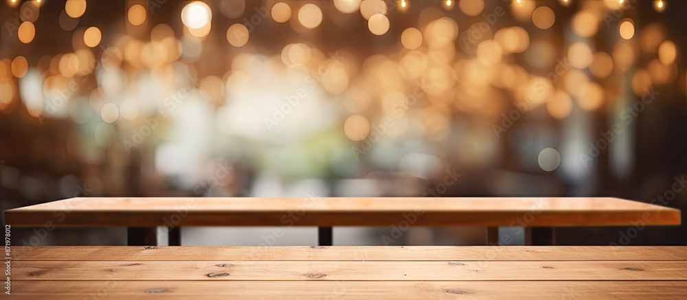Poster brown wooden table with empty space setting, blurred coffee shop background, ideal for product displ