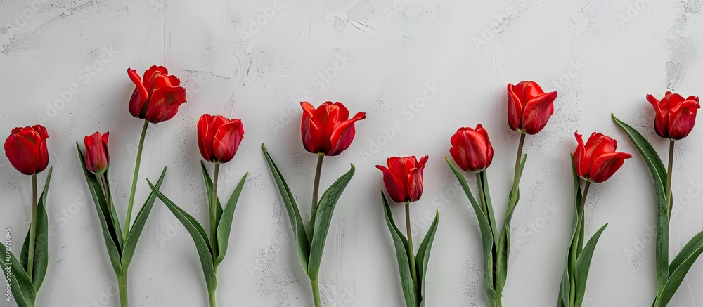Aufkleber Top-down view of lovely red tulips set against a white backdrop, ideal for showcasing text. Displayed flat with room for additional content.