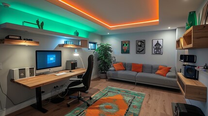 A cozy modern basement transformed into a stylish home office, complete with a minimalist desk, ergonomic chair, and vibrant
