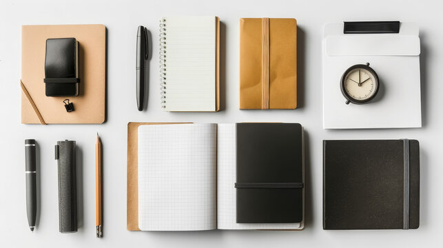 A creative and artistic layflat showcase of business notebooks, documents, and stationary, arranged neatly and cleanly