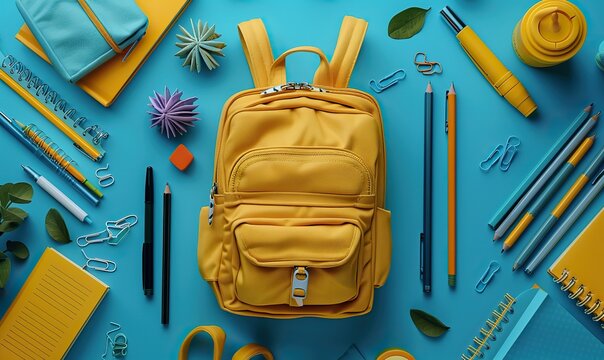 back to school concept, colorful stationery, a yellow backpack on a blue background flat lay top view vertical.illustration - Powered by Adobe