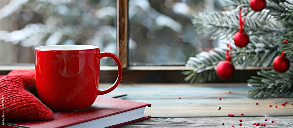 Poster large red mug and book on a desk with copy space image.