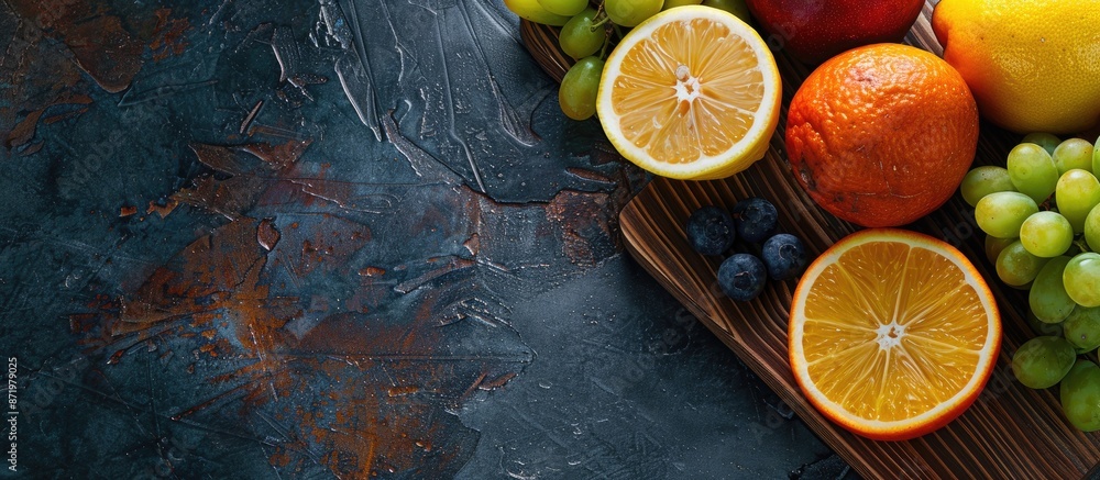 Aufkleber flatlay of colorful fruits on a cutting board against a dark backdrop with a sliced lemon offering a