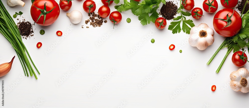 Poster top-down view of tomatoes alongside garlic, greens, and spices on a white background with ample copy