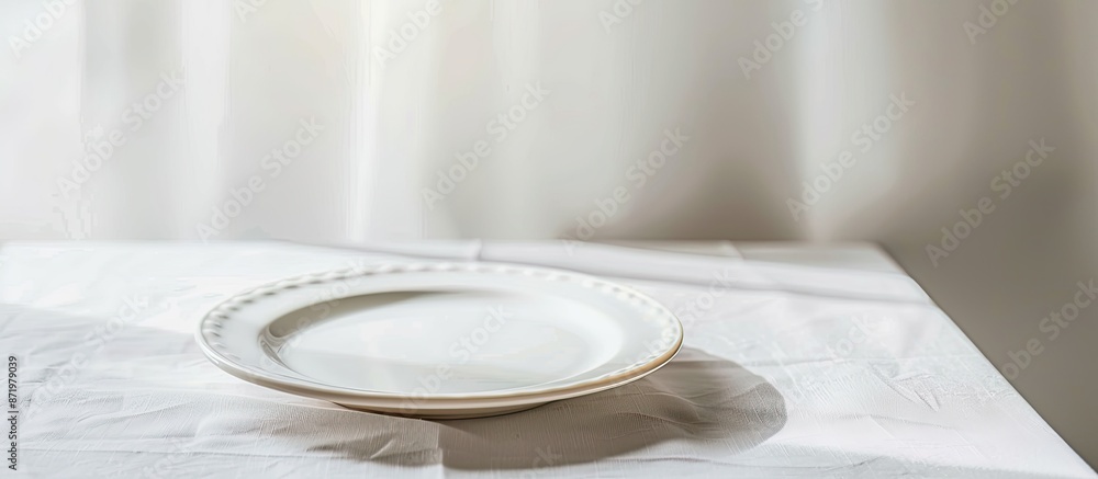 Aufkleber a white table with an empty plate on a white tablecloth offers a spot for text. includes copy space 