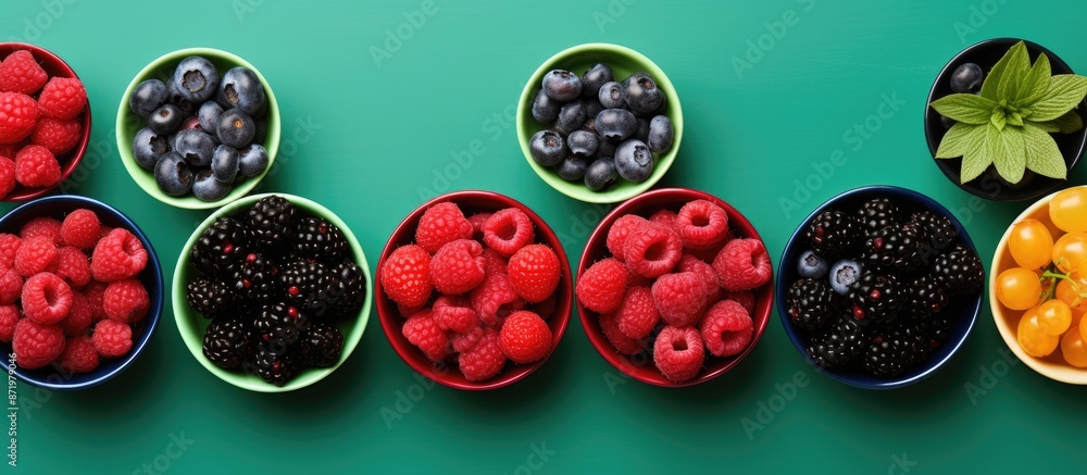 Poster top view of a vibrant assortment of fresh berries in bowls on a green background with copy space ima