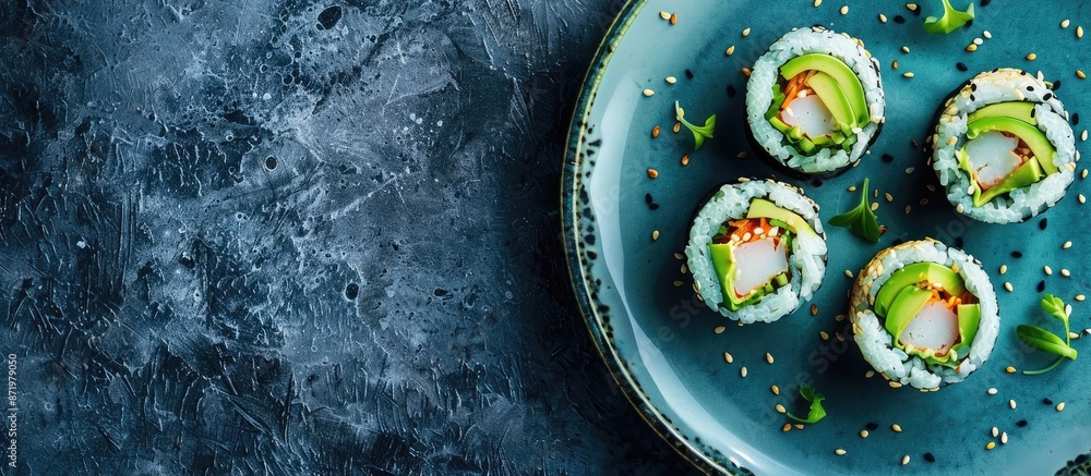 Poster sushi rolls with creamy avocado slices elegantly displayed on a blue plate in a copy space image.