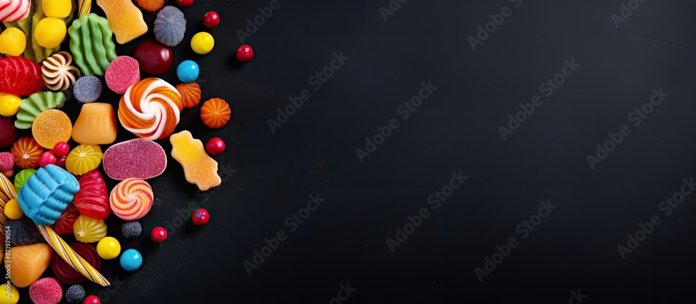 Poster A collection of vibrant candies arranged in a frame against a dark backdrop, with space for text or other elements in the image