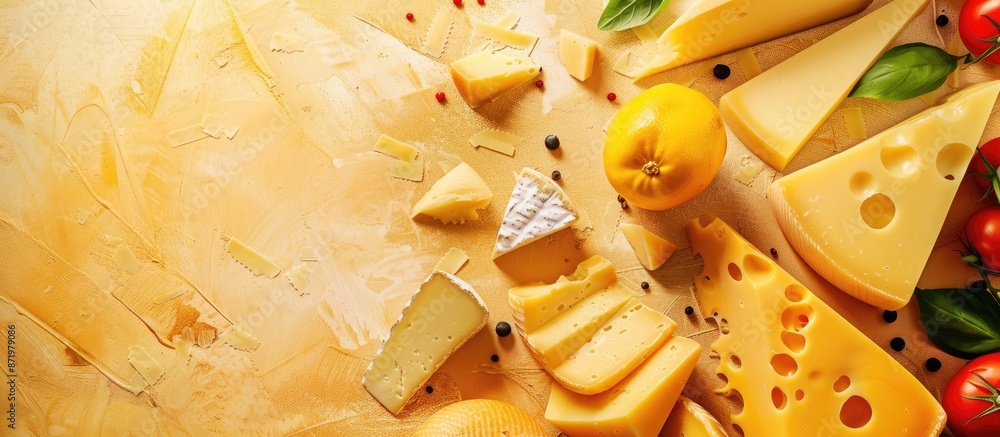 Poster Various types and forms of cheese, representing a healthy food concept, set against a food-themed background with ample copy space for additional elements.