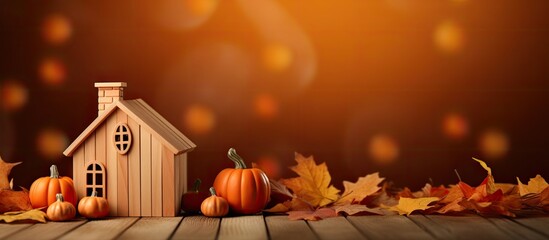 A cozy autumn scene with a toy house, pumpkin, and a Thanksgiving banner against a wooden backdrop, evoking a warm, seasonal feeling with space for text or other images