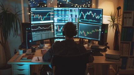 A man sits at his desk, focused on multiple computer monitors displaying stock market charts. He is working late at night in a dimly lit home office.