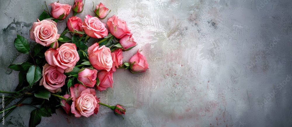 Poster pink roses bouquet seen from above on a blank backdrop with copy space image.