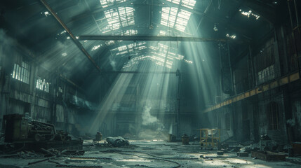 A large, empty industrial building with a lot of debris and trash