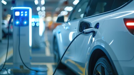 In garage where charging cable is plugged in charging station while a white electric car is being charged next to it. Focus is on the charging station with the cable plugged in it. Generative AI.