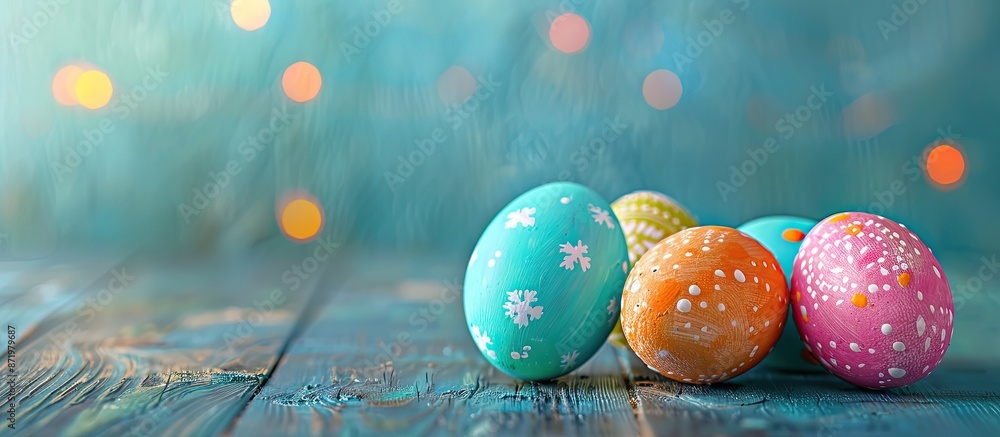 Aufkleber holiday background with easter eggs displayed on a wooden table, providing a perfect copy space imag