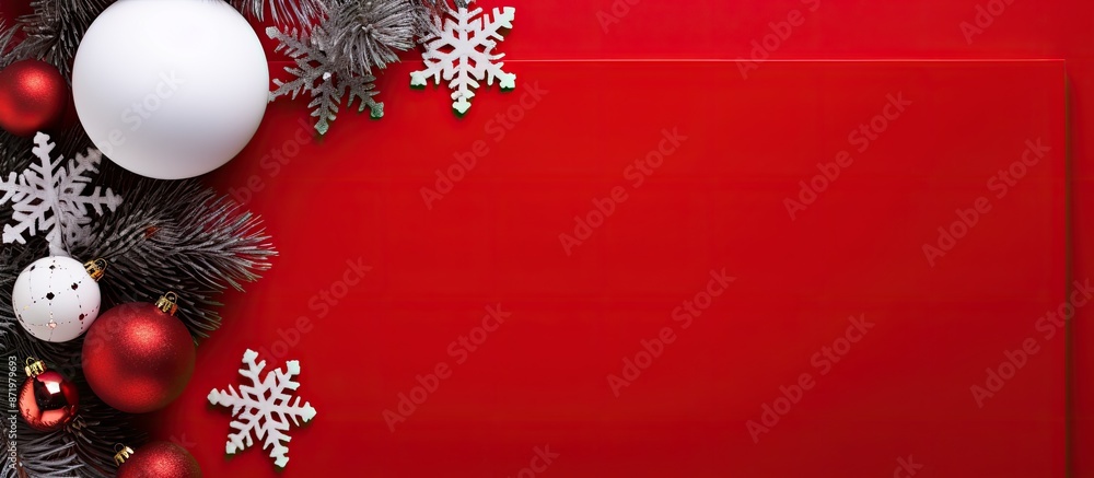 Poster a christmas greeting card surrounded by fir branches, snowflakes, and decorations on a red backgroun
