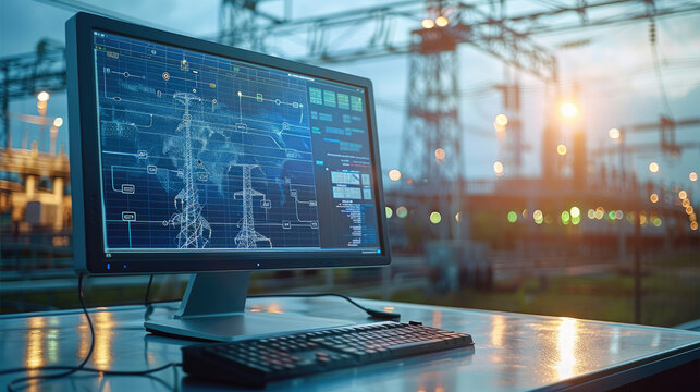 An electrical project is displayed on a computer screen, along with CAD software, with electricity towers and solar panels in the distance. Generative AI. - Powered by Adobe