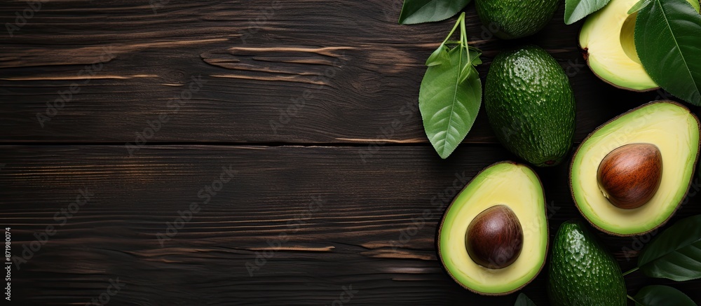 Poster flat lay arrangement of whole and halved avocados on a dark wooden surface, featuring ample copy spa