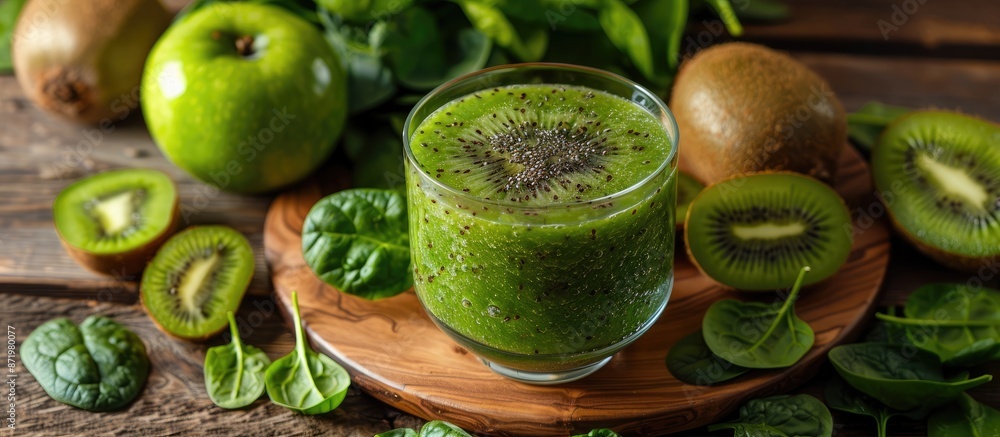Poster Smoothie made of spinach and kiwi displayed on a wooden backdrop with copy space image.