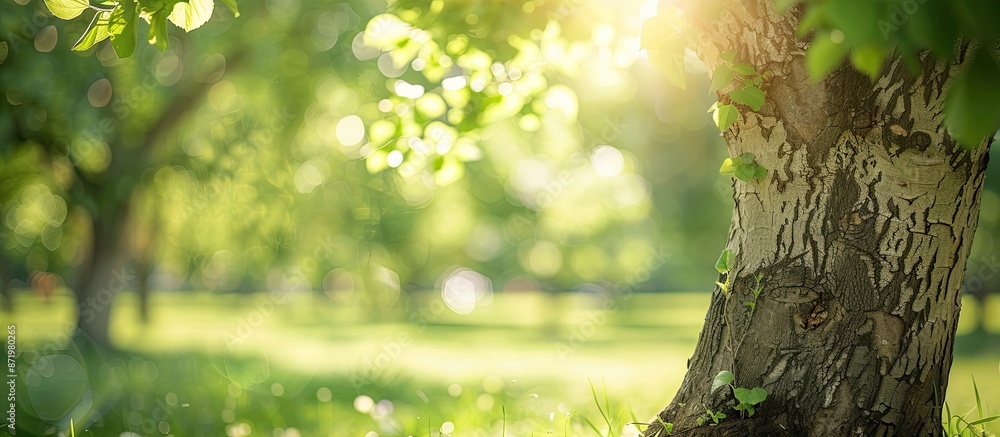 Poster a tree with pale bark grows in a sunny orchard garden against a blurry green copy space image.