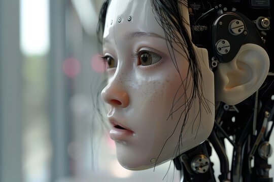 A close-up shot of a robot with a female face, looking to the left