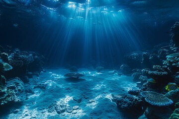 Fototapeta premium Blue ocean under the surface landscape coral with fish, wide banner design.