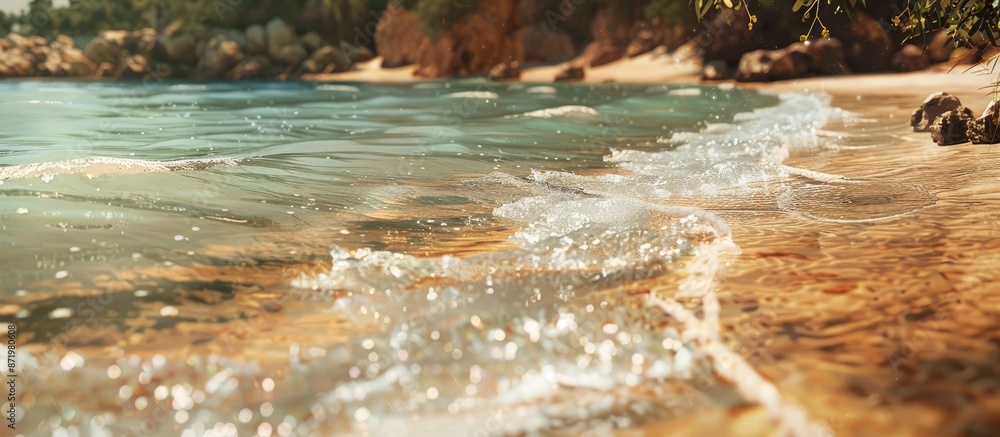 Poster beach scene with a focus on the shoreline, offering recreational amenities, set against an abstract 