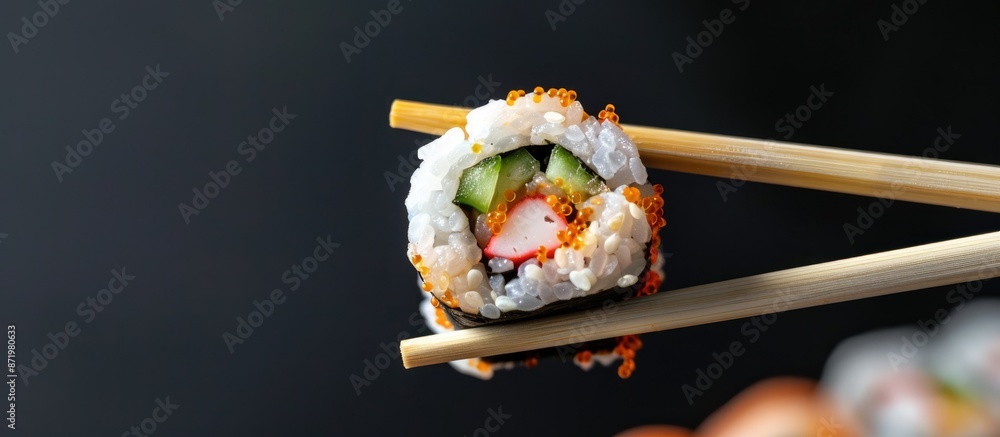 Poster sushi rolls are held by chopsticks against a black backdrop creating a striking copy space image.