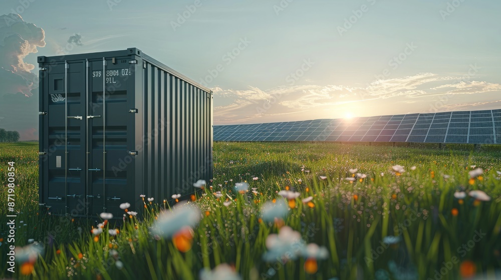 Poster Battery storage container next to a bank of ground-based solar panels in a green field. Generative AI.