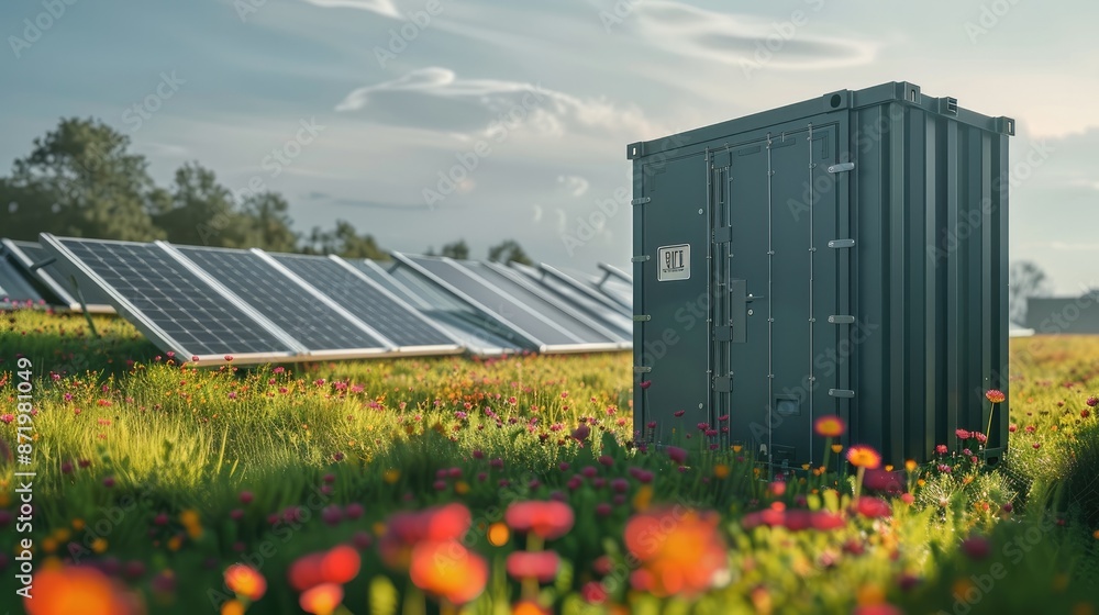 Aufkleber battery storage container next to a bank of ground-based solar panels in a green field. generative a