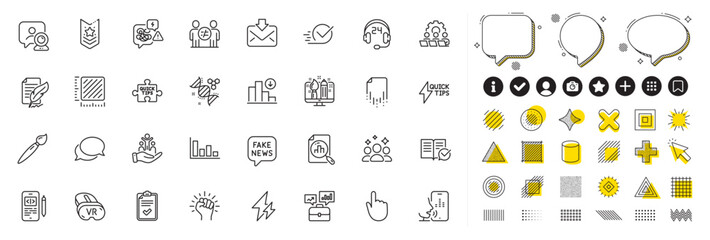 Fototapeta premium Set of Business portfolio, Checklist and Brush line icons for web app. Design elements, Social media icons. Inclusion, Empower, Discrimination icons. Vr, Decreasing graph, Quick tips signs. Vector