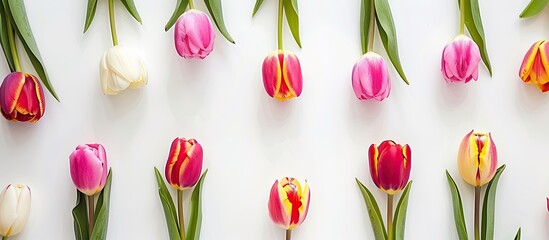 Obraz premium Beautiful flat lay floral background featuring tulip flowers on a white backdrop, suitable for occasions like Mother's Day or weddings. Perfect for a greeting card with copy space image.
