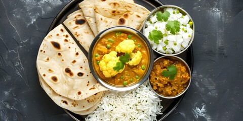 Indian vegetarian thali featuring dal cauliflower curry roti and rice. Concept Indian Cuisine, Vegetarian Thali, Dal Curry, Cauliflower Curry, Roti, Rice