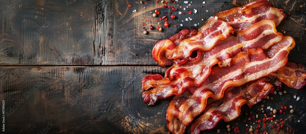 Poster Fresh bacon slices on a rustic table as a delicious appetizer with copy space image for food background, ideal for meals or snacks, giving a top view perspective.