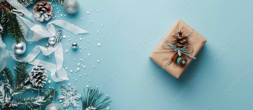 Poster top view of a festive flat lay card for christmas and new year featuring a gift, branch, and silver 