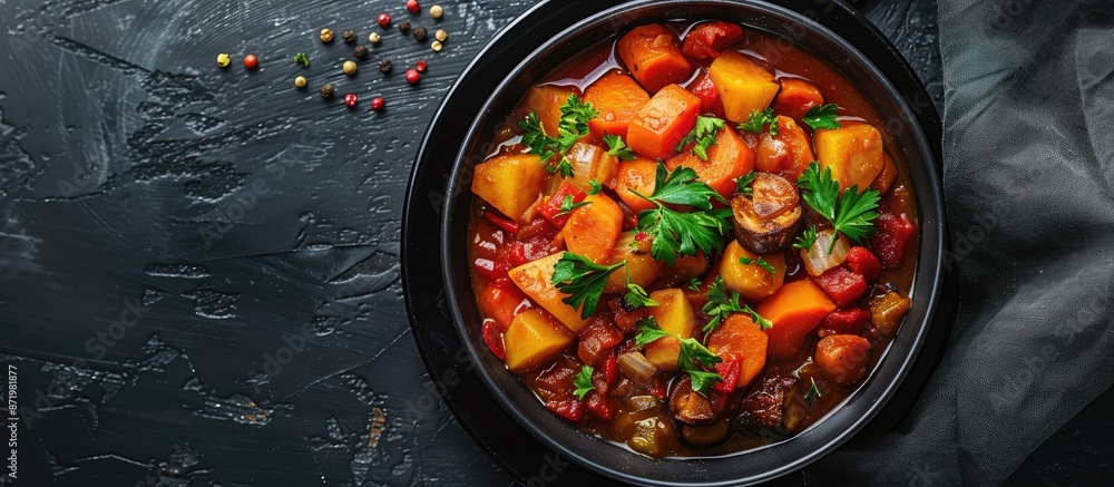 Poster close-up shot of vegetable stew in a black bowl with available copy space image included.