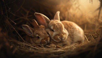 Obraz premium Two fluffy baby rabbits snuggling together in a cozy nest, bathed in warm, gentle light.
