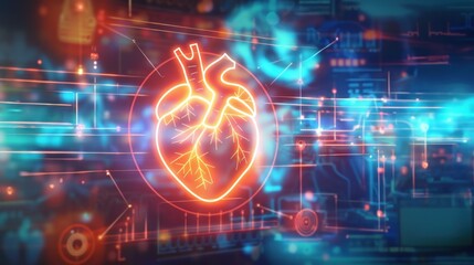 A glowing heart with line graphics and icons displays medical data on an AI interface against a futuristic background illustrating healthcare technology and innovation
