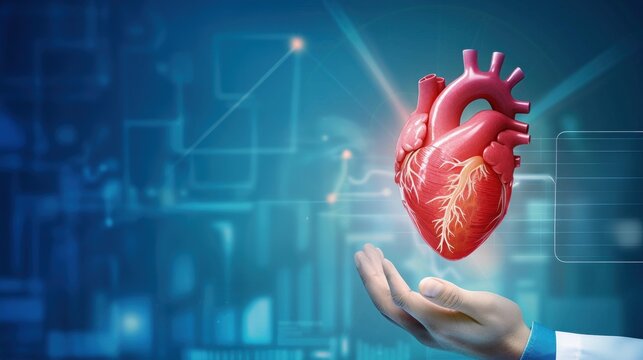 A hand in a medical coat holds a human heart against a blue background with a cardio pulse line and spectrum wave of rhythm chart illustrating life and health care concept